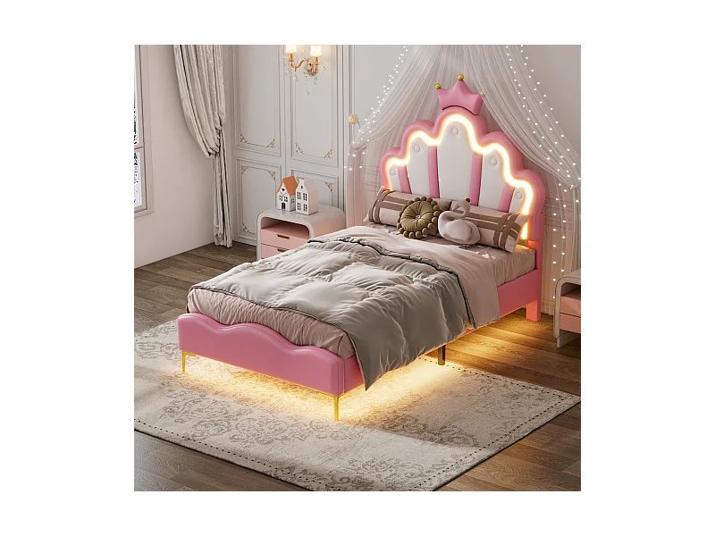 Cama de casal plana de 90 x 200 cm, cama estilo princesa, LED ajustável, rosa, couro sintético macio