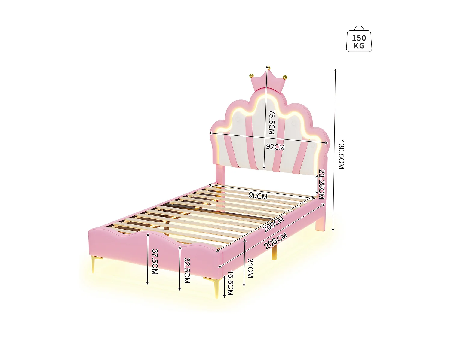 90*200cm Lit double plat,lit de princesse en forme de couronne,LED réglable,rose,doux en cuir PU