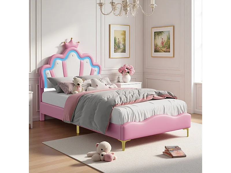 Lit Enfant 90x200cm, Lit pour Enfant rembourré avec lumière LED réglable, pour Fille Adolescente avec tête de Fleur et sommier à Lattes, sans Matela, rose