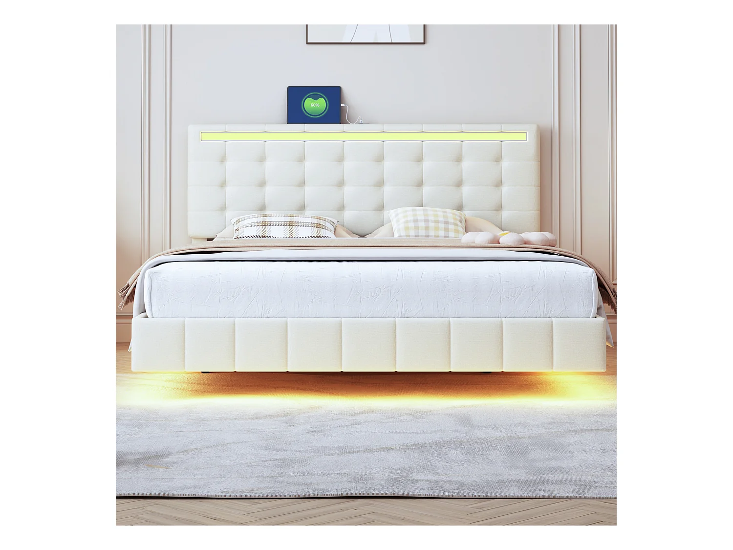 Cama estofada 160 x 200 cm, com luzes LED e estrutura flutuante estofada, bege, linho