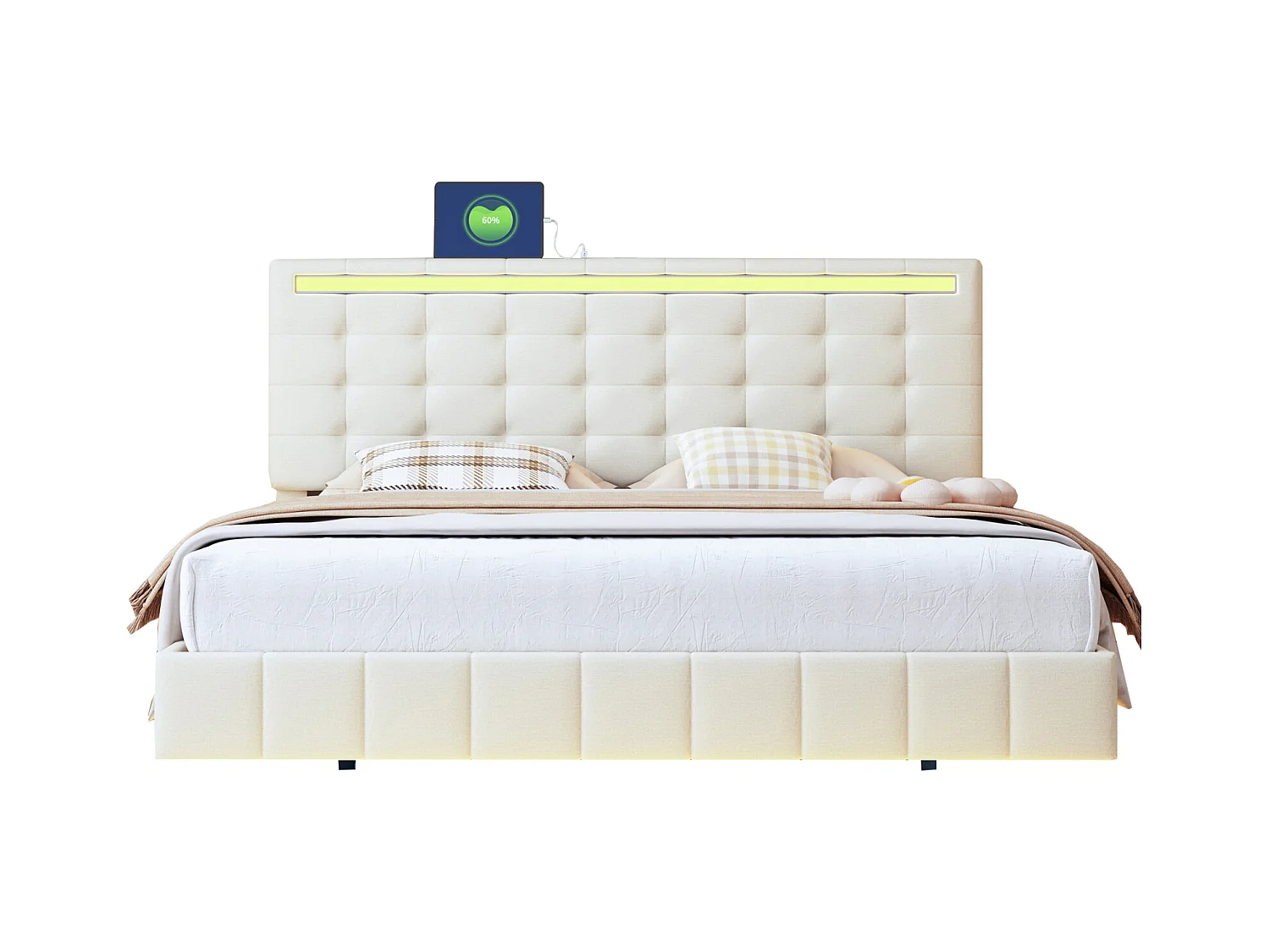 Polsterbett 160 x 200 cm, mit LED-Leuchten und gepolstertem Schweberahmen, beige, Leinen