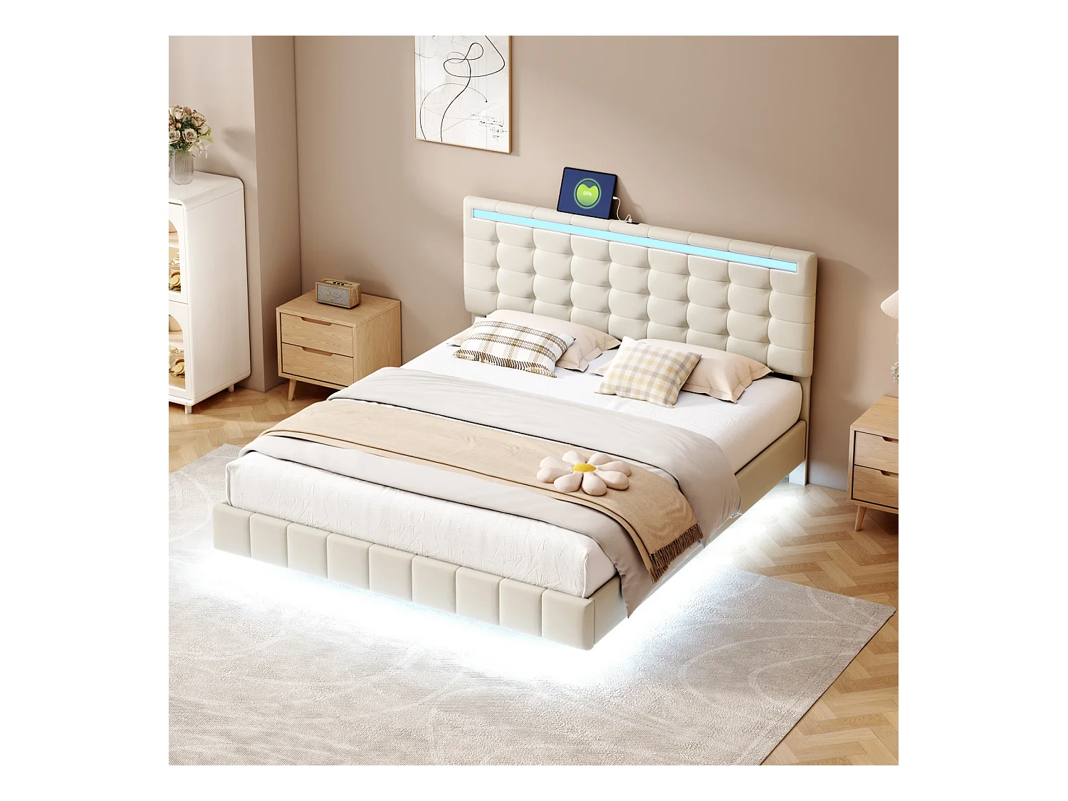 Polsterbett 160 x 200 cm, mit LED-Leuchten und gepolstertem Schweberahmen, beige, Leinen