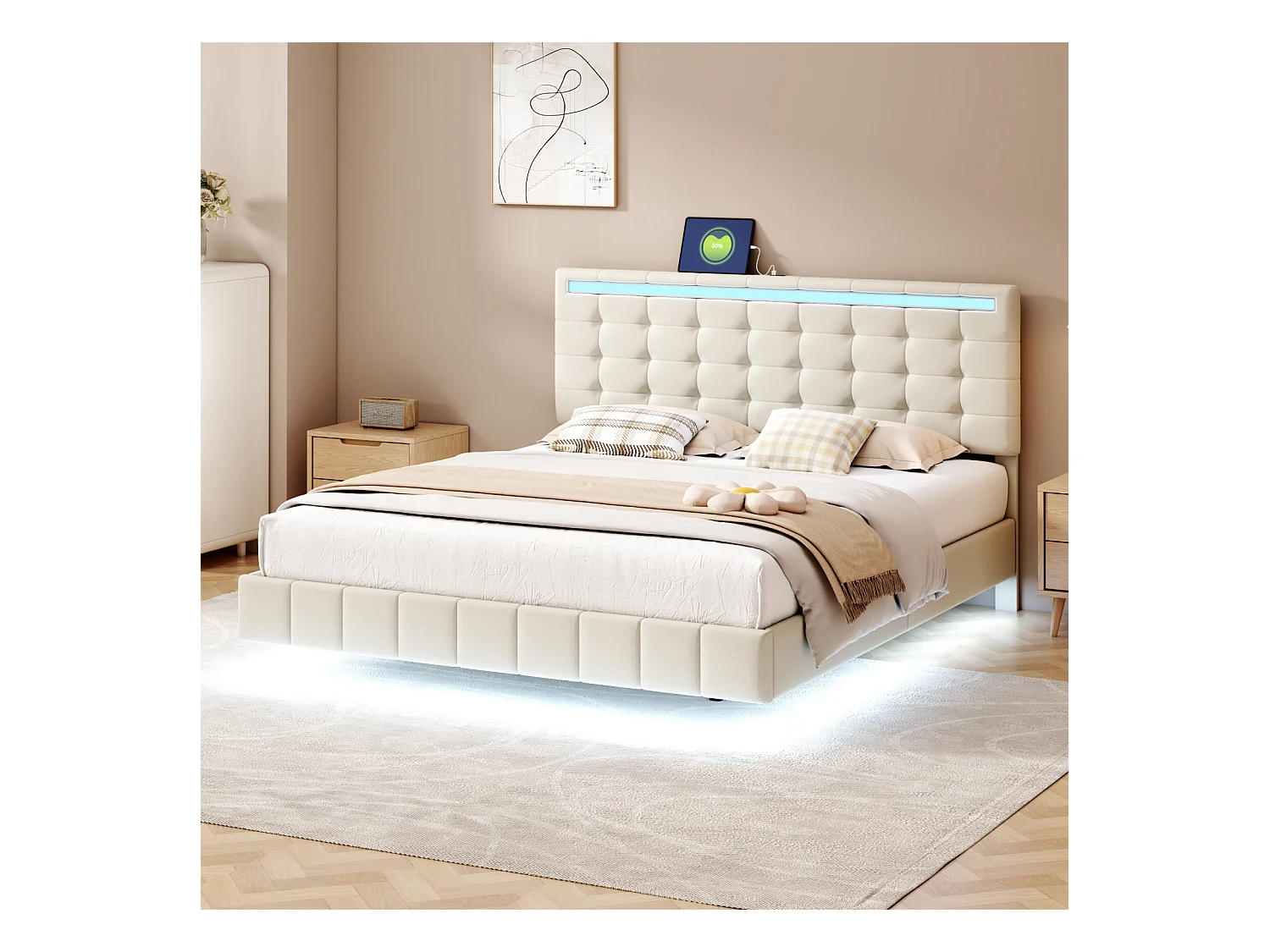 Polsterbett 160 x 200 cm, mit LED-Leuchten und gepolstertem Schweberahmen, beige, Leinen