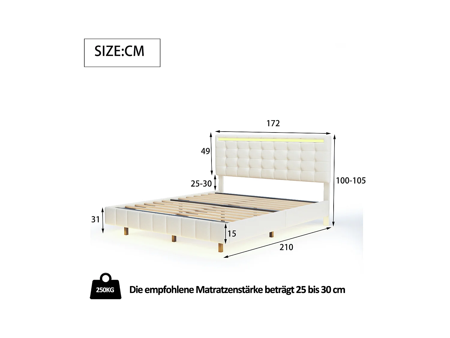 Polsterbett 160 x 200 cm, mit LED-Leuchten und gepolstertem Schweberahmen, beige, Leinen