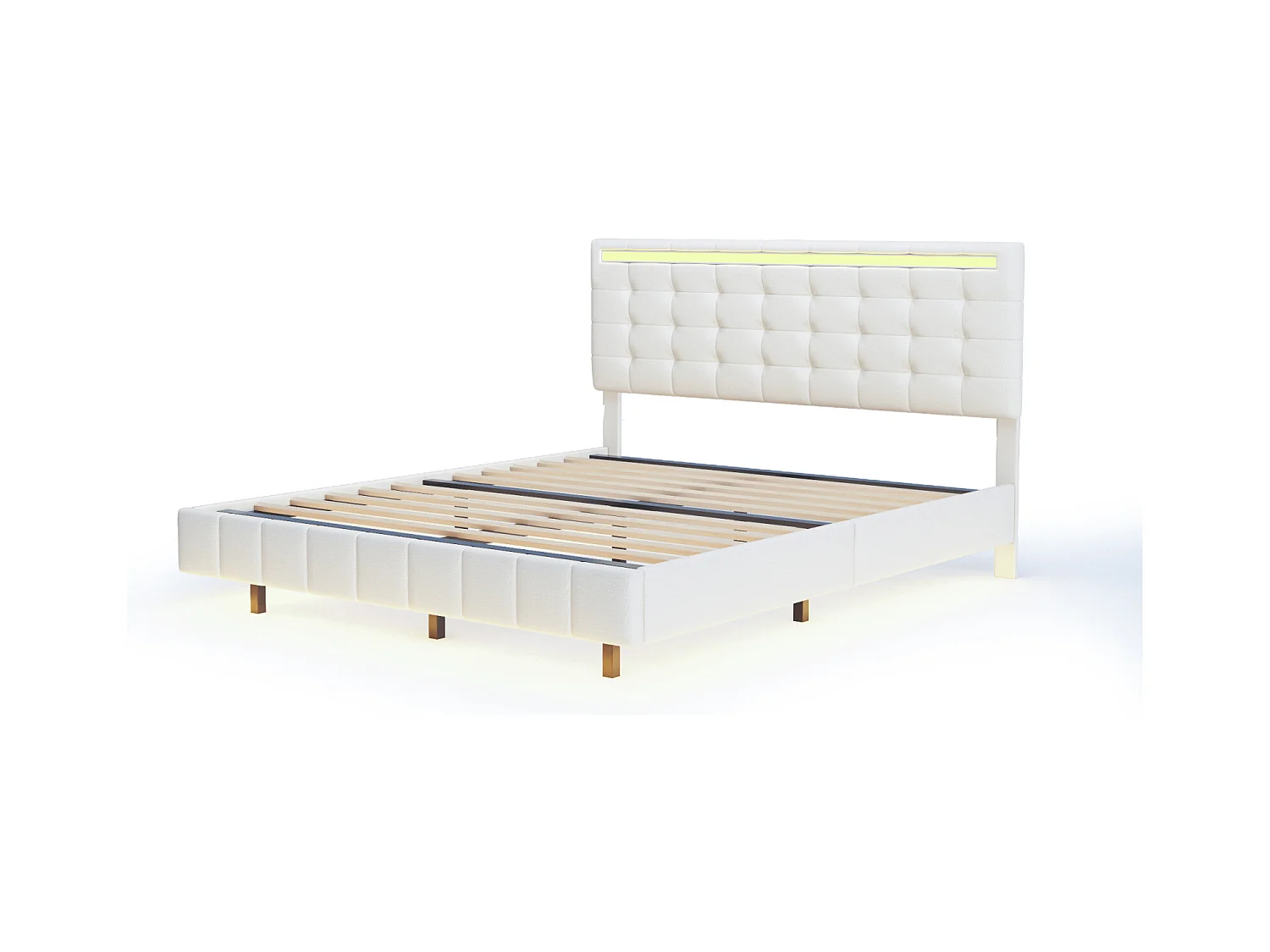 Polsterbett 160 x 200 cm, mit LED-Leuchten und gepolstertem Schweberahmen, beige, Leinen