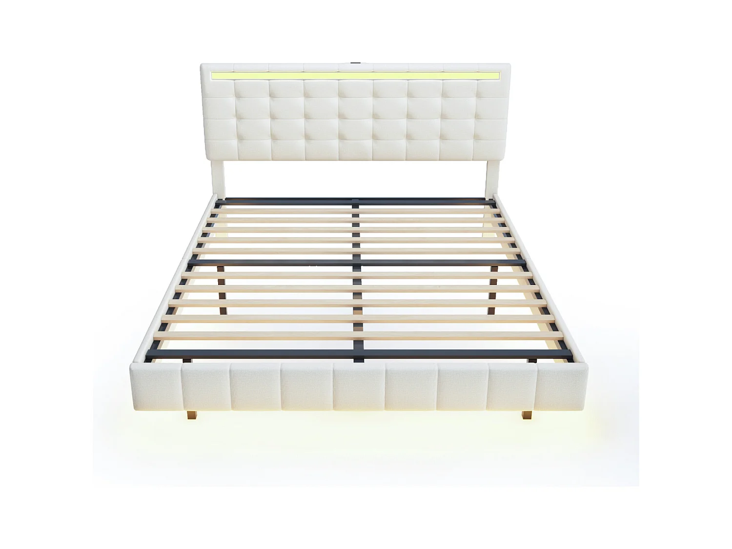Polsterbett 160 x 200 cm, mit LED-Leuchten und gepolstertem Schweberahmen, beige, Leinen