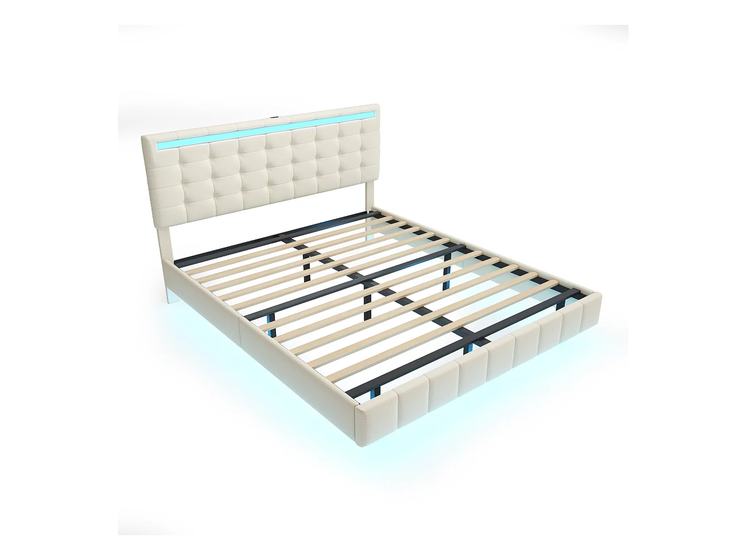Polsterbett 160 x 200 cm, mit LED-Leuchten und gepolstertem Schweberahmen, beige, Leinen