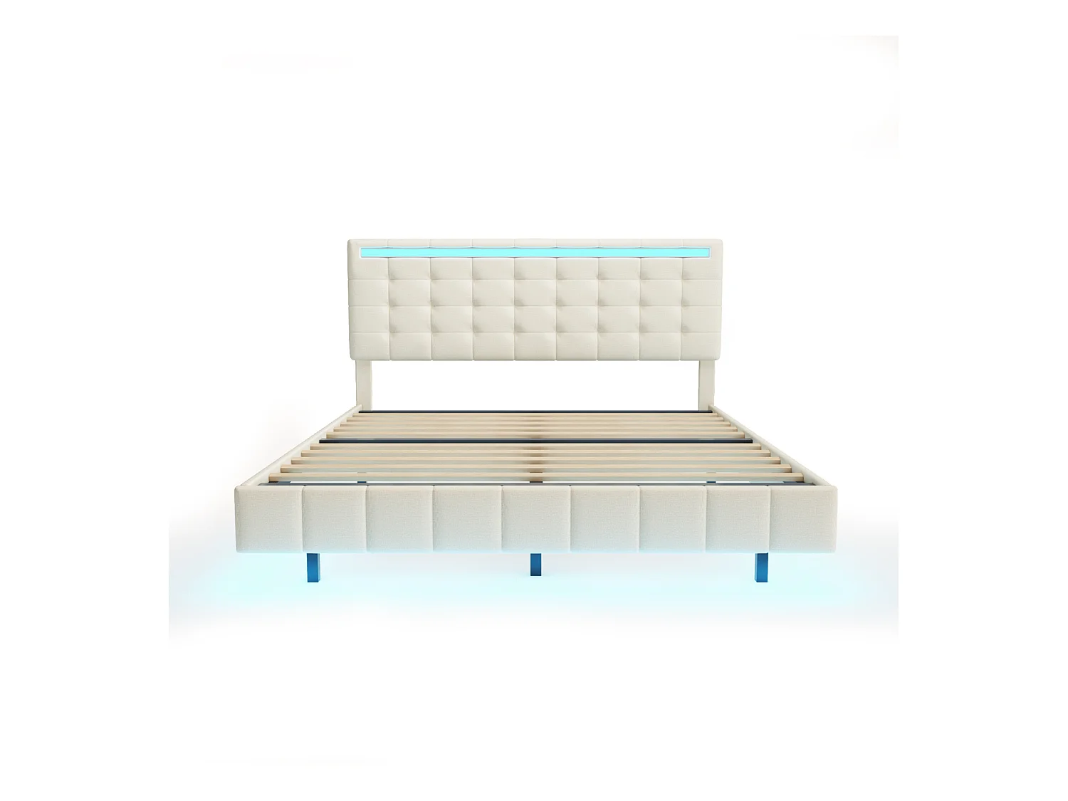Polsterbett 160 x 200 cm, mit LED-Leuchten und gepolstertem Schweberahmen, beige, Leinen