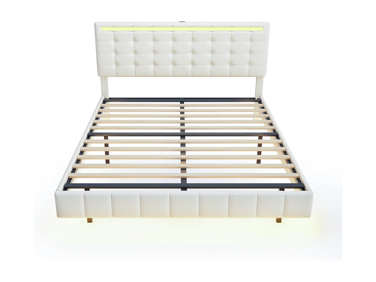 Cama estofada de 160 x 200 cm, com luzes LED e estrutura flutuante estofada, bege, linho.