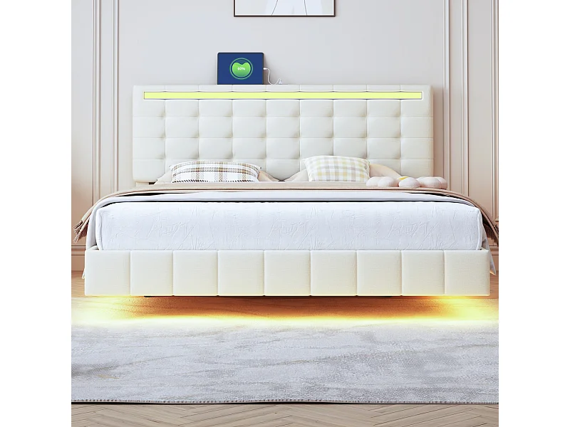 Cama estofada de 160 x 200 cm, com luzes LED e estrutura flutuante estofada, bege, linho.