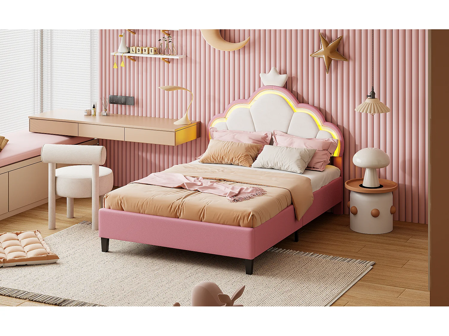 90*200cm Lit de Princesse pour Enfants, Lit à Couronne + Bande Lumineuse, Rose + Flanelle Blanche