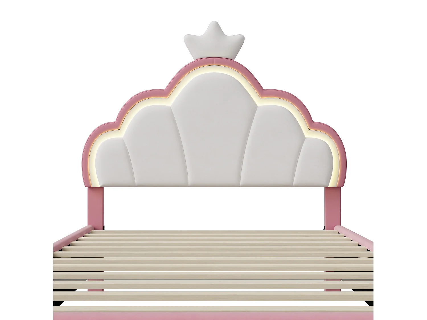 90*200cm Lit de Princesse pour Enfants, Lit à Couronne + Bande Lumineuse, Rose + Flanelle Blanche