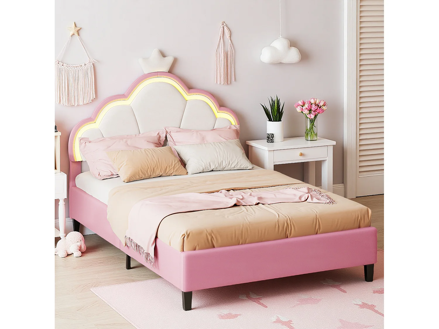 Lit Enfant 90x200 cm, Lit Enfant Fille Rembourré avec Bande LED, Lit Princesse avec Sommier à Lattes, Lit Simple en forme de Couronne, Tête de Lit, Velours, Rose