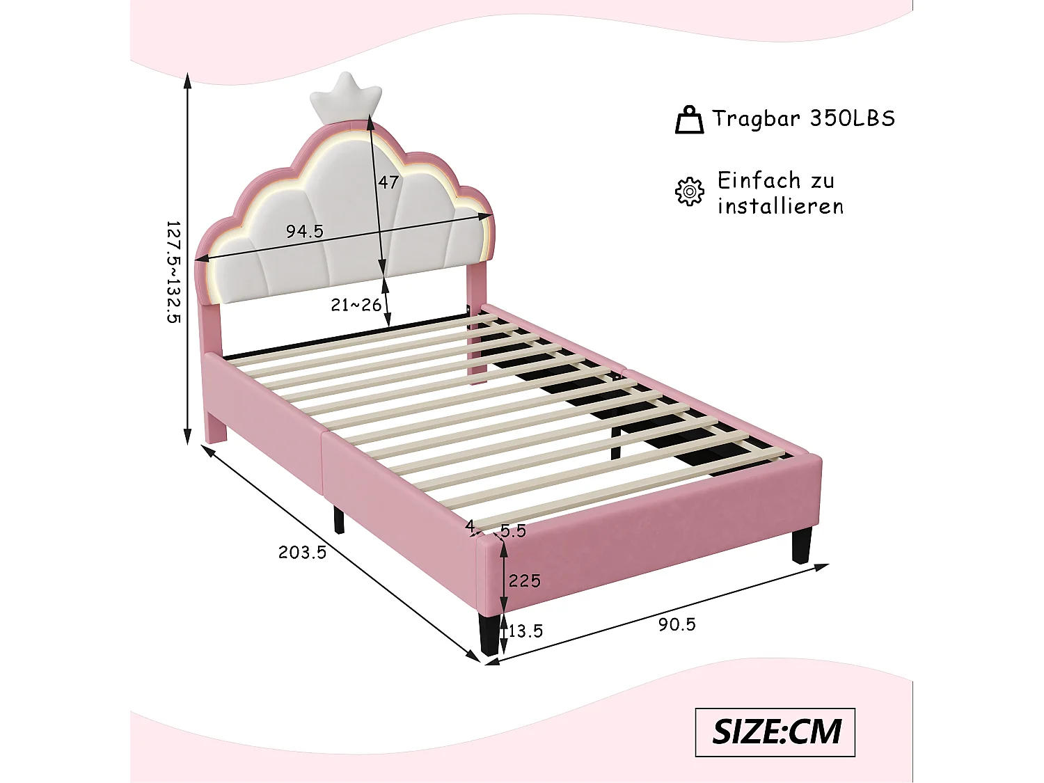 Lit Enfant 90x200 cm, Lit Enfant Fille Rembourré avec Bande LED, Lit Princesse avec Sommier à Lattes, Lit Simple en forme de Couronne, Tête de Lit, Velours, Rose