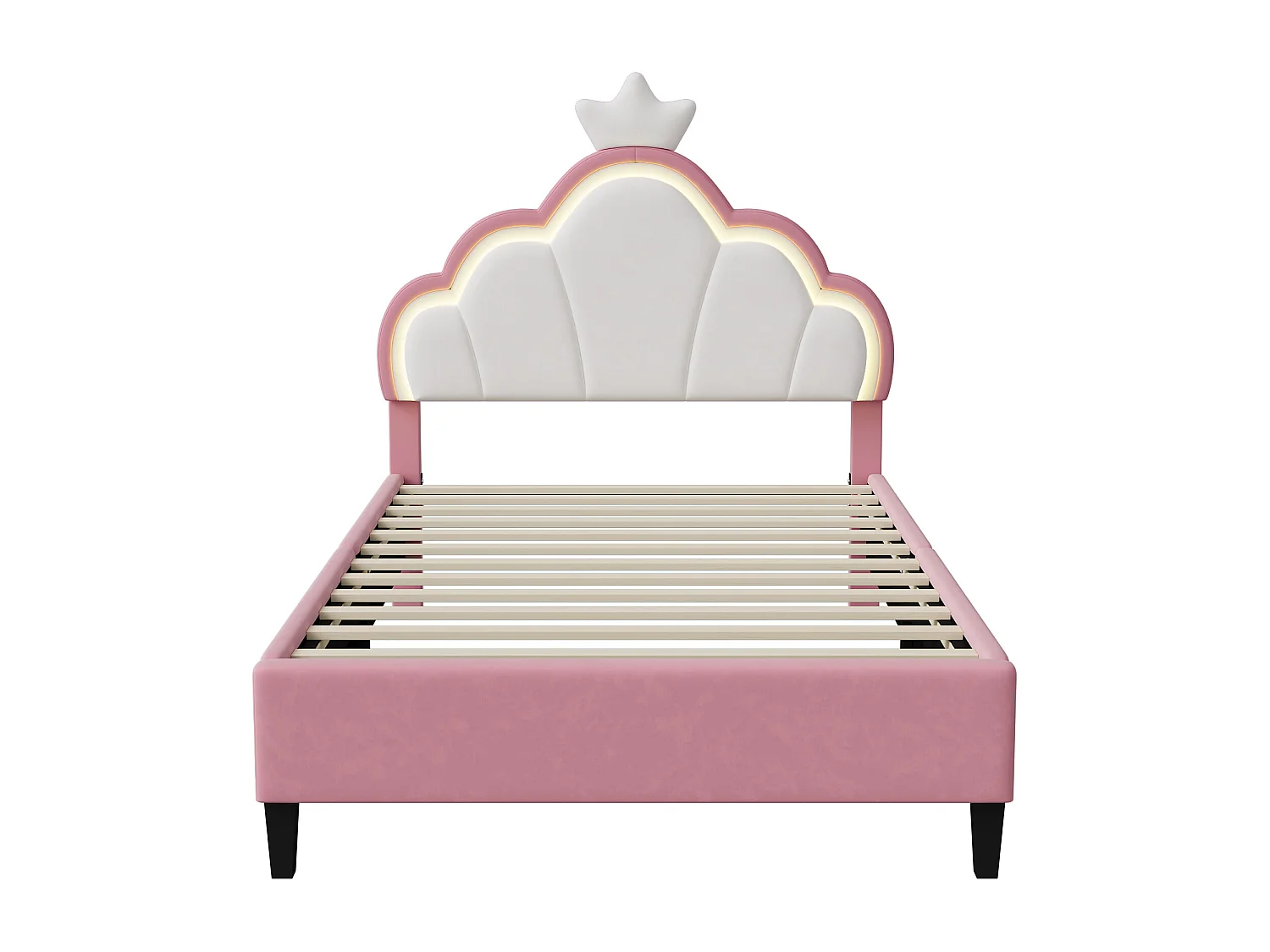 Lit Enfant 90x200 cm, Lit Enfant Fille Rembourré avec Bande LED, Lit Princesse avec Sommier à Lattes, Lit Simple en forme de Couronne, Tête de Lit, Velours, Rose