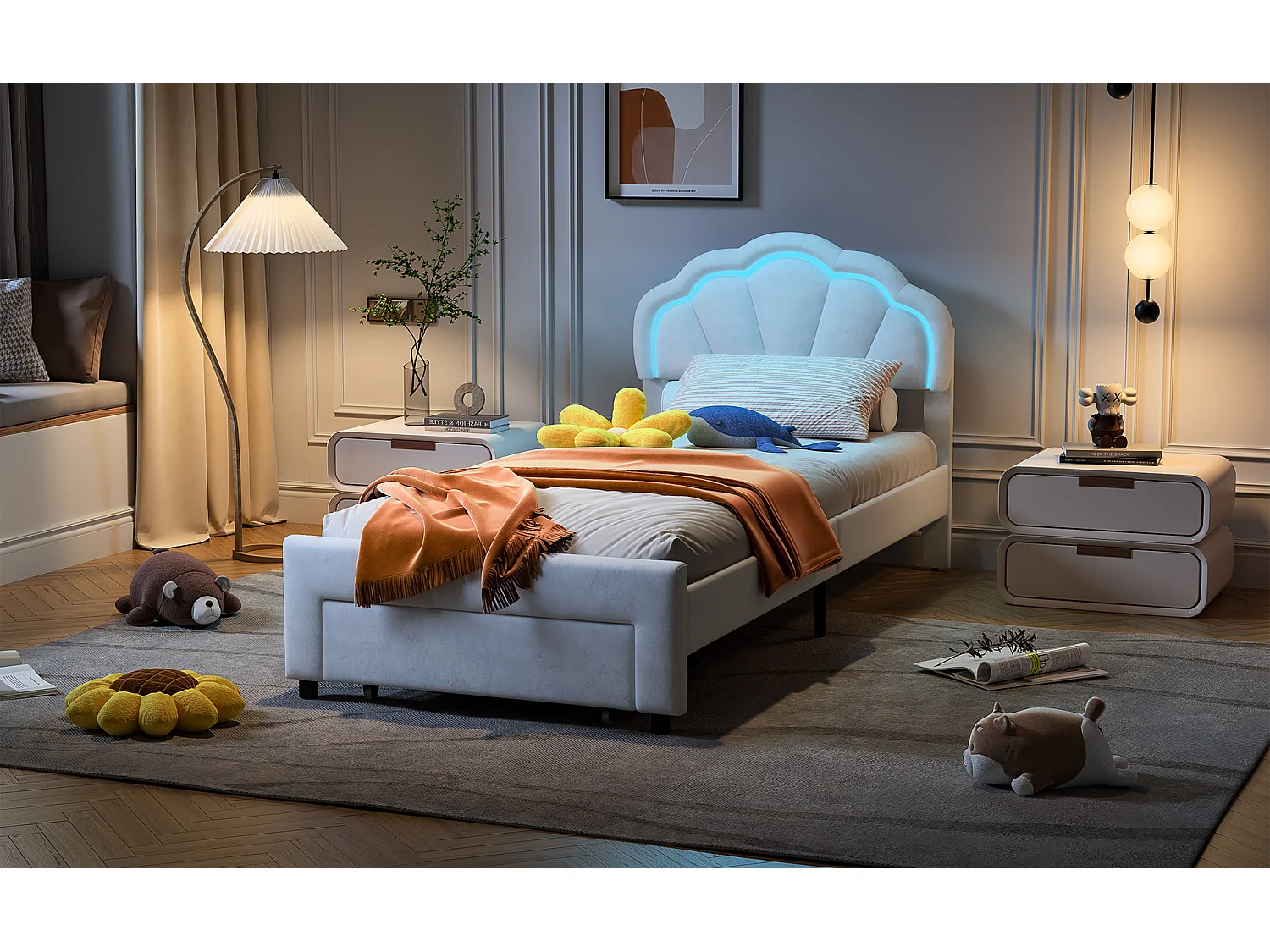 Lit d'enfant 90*200cm, lit pétale avec bande lumineuse + 1 tiroir au bout du lit, blanc, velours