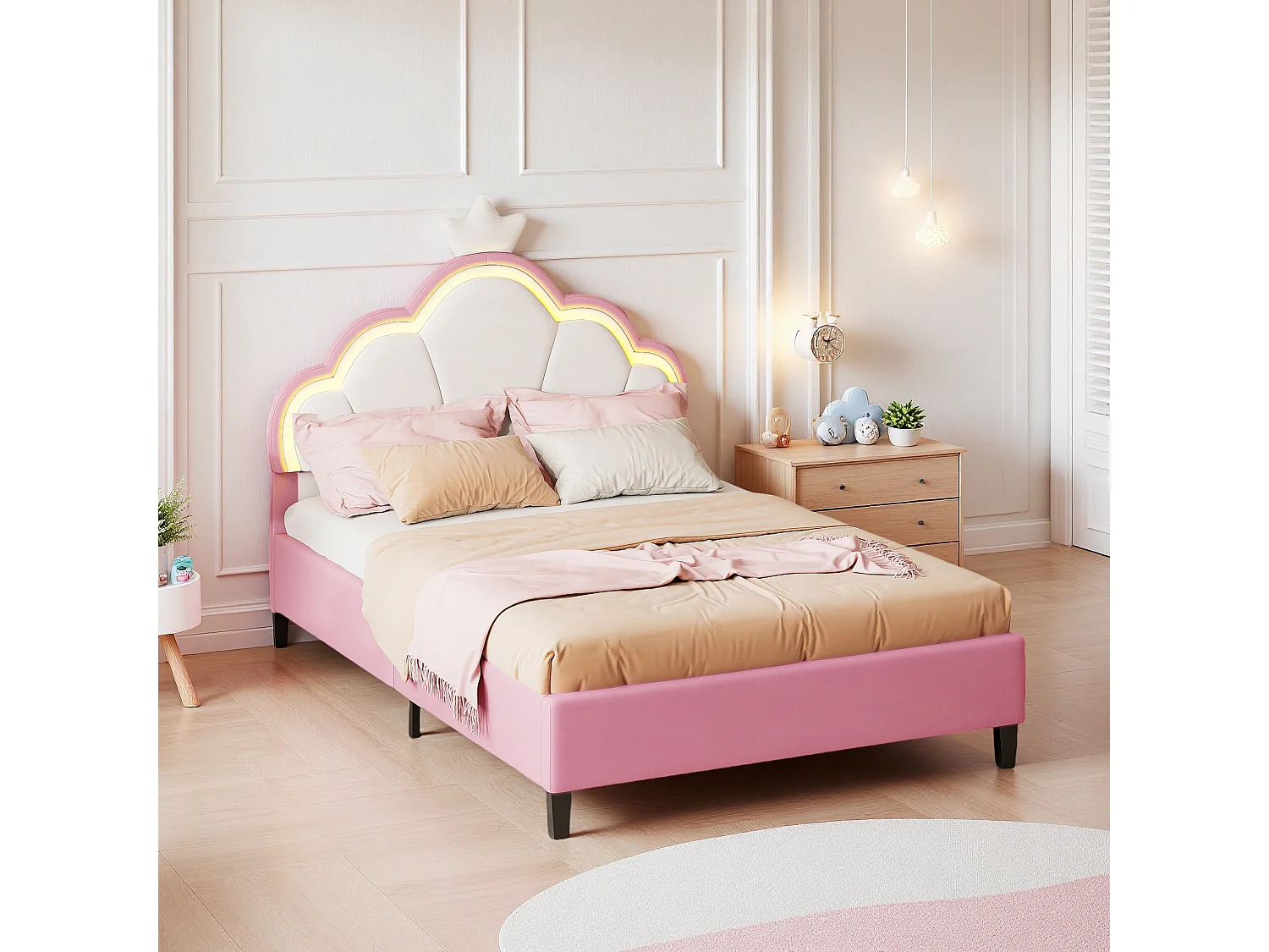 Cama princesa infantil de 140 x 200 cm, con corona y tira de luz, franela rosa y blanca.