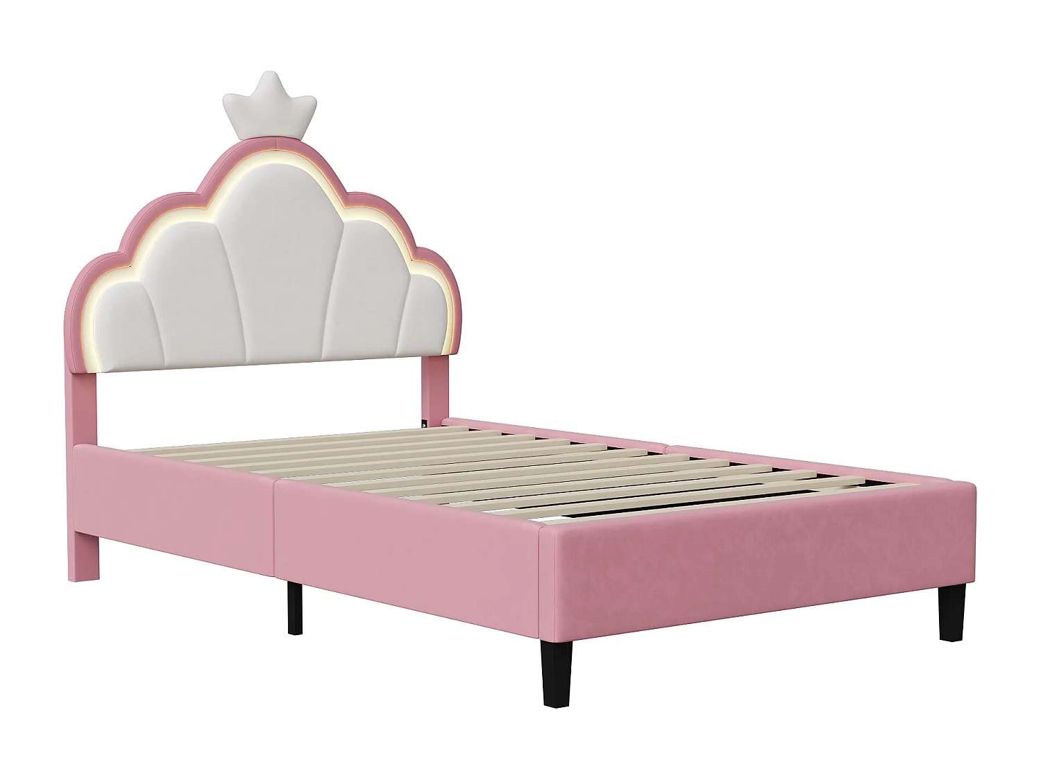 Cama princesa infantil de 140 x 200 cm, con corona y tira de luz, franela rosa y blanca.