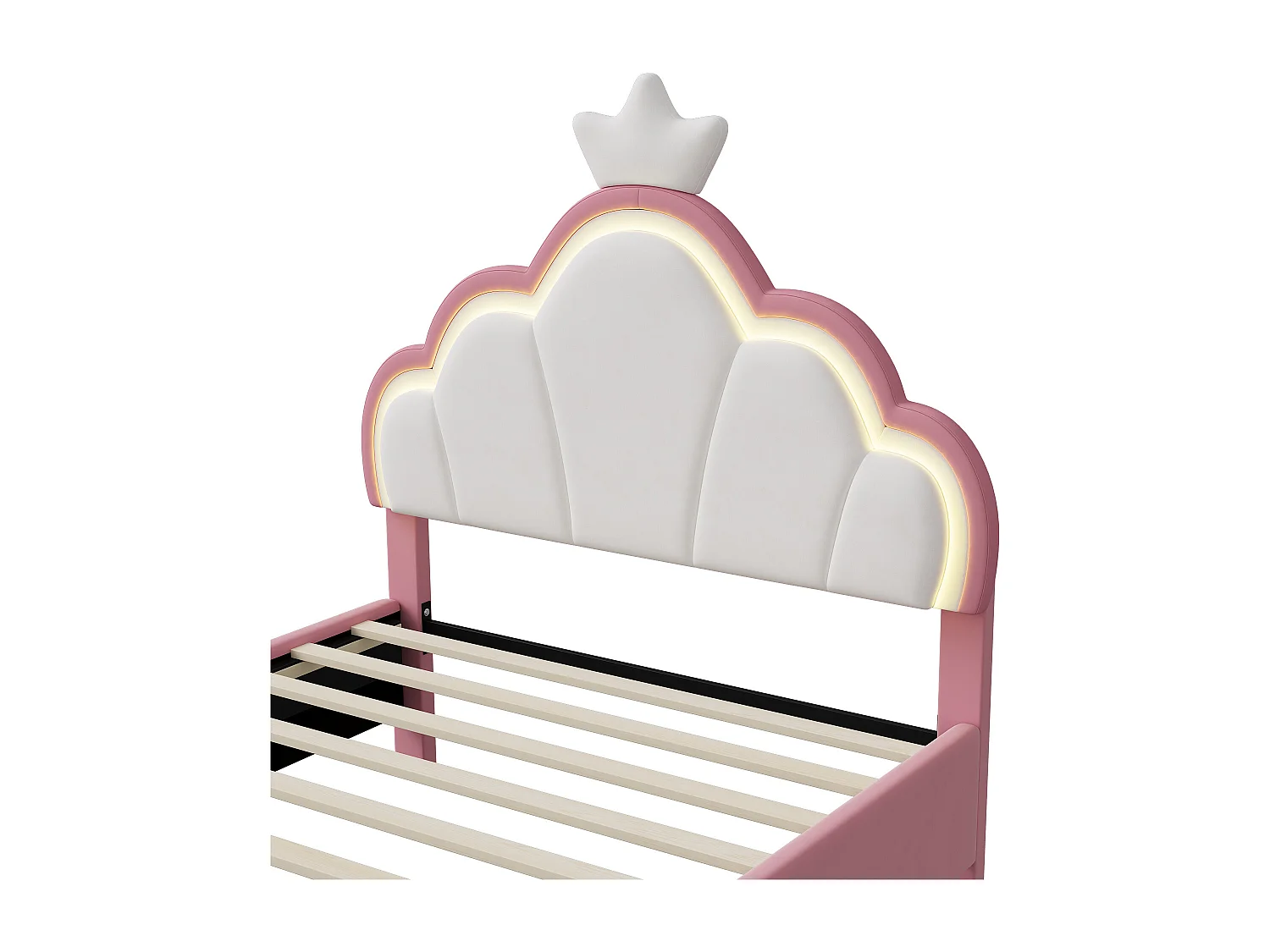 Cama princesa infantil de 140 x 200 cm, con corona y tira de luz, franela rosa y blanca.