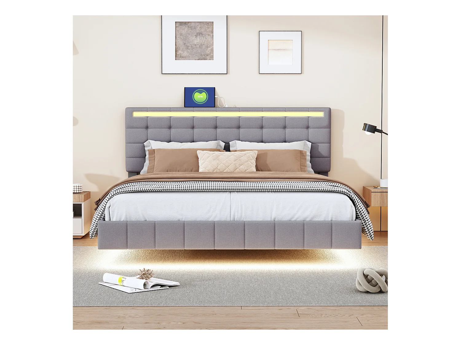 Cama estofada 160 x 200 cm, com luzes LED e estrutura flutuante estofada, cinza, linho