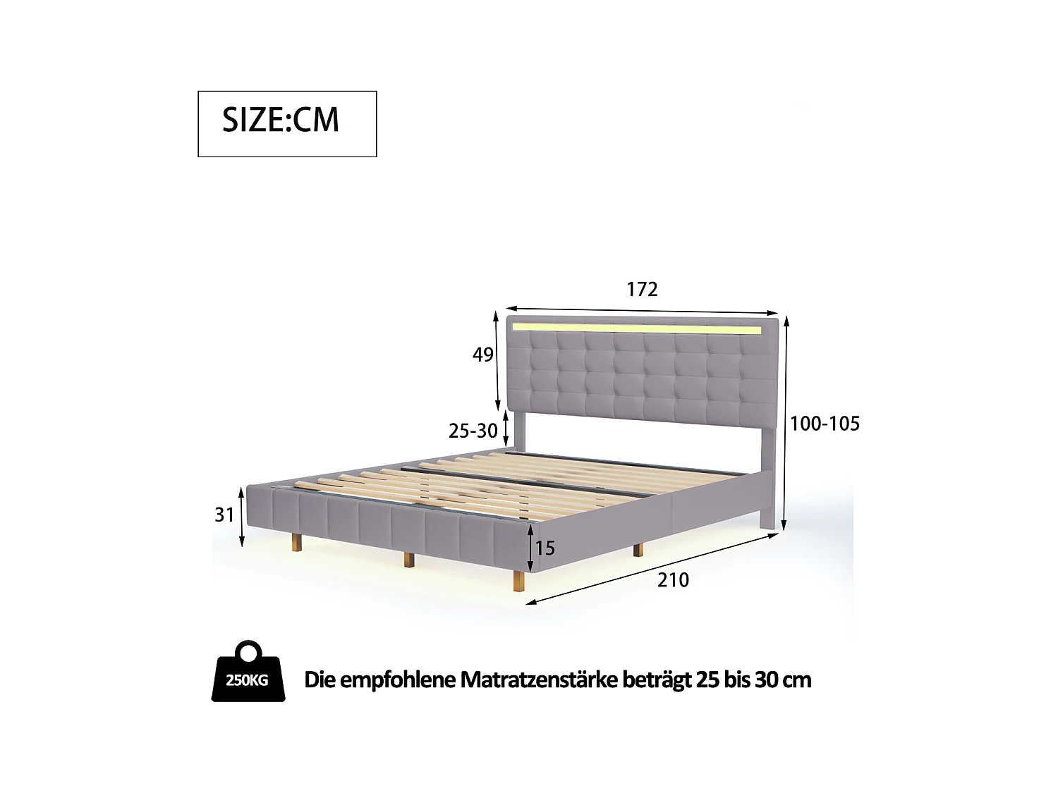Polsterbett 160 x 200 cm, mit LED-Leuchten und gepolstertem Schweberahmen, Gris, Leinen