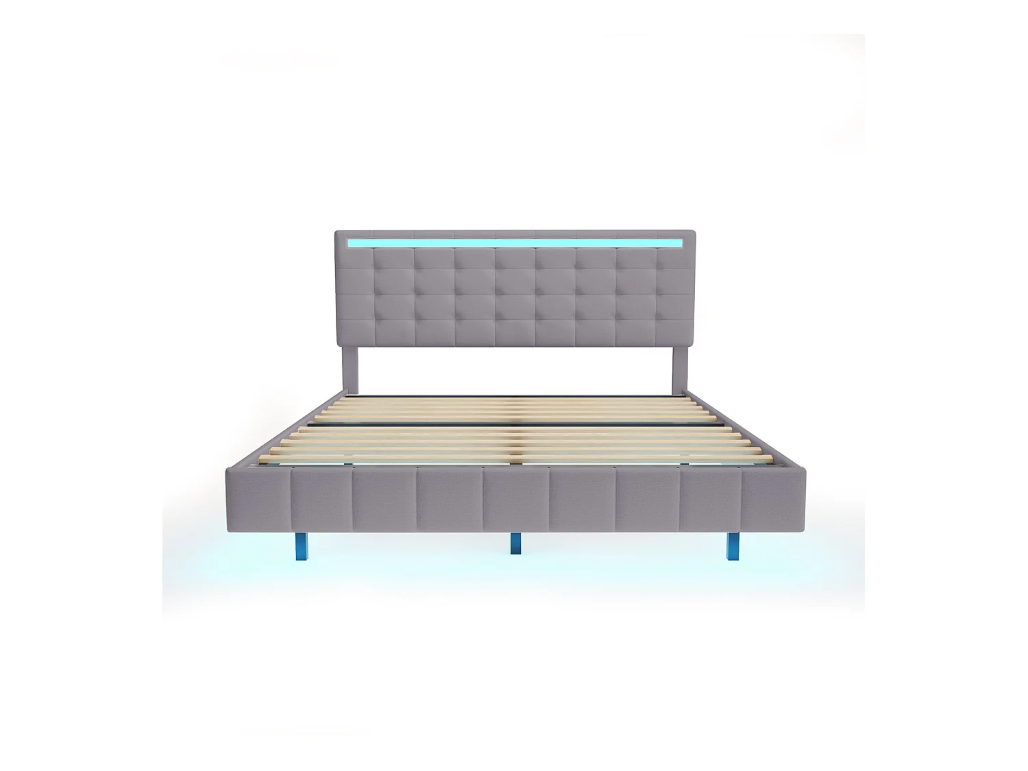 Polsterbett 160 x 200 cm, mit LED-Leuchten und gepolstertem Schweberahmen, Gris, Leinen