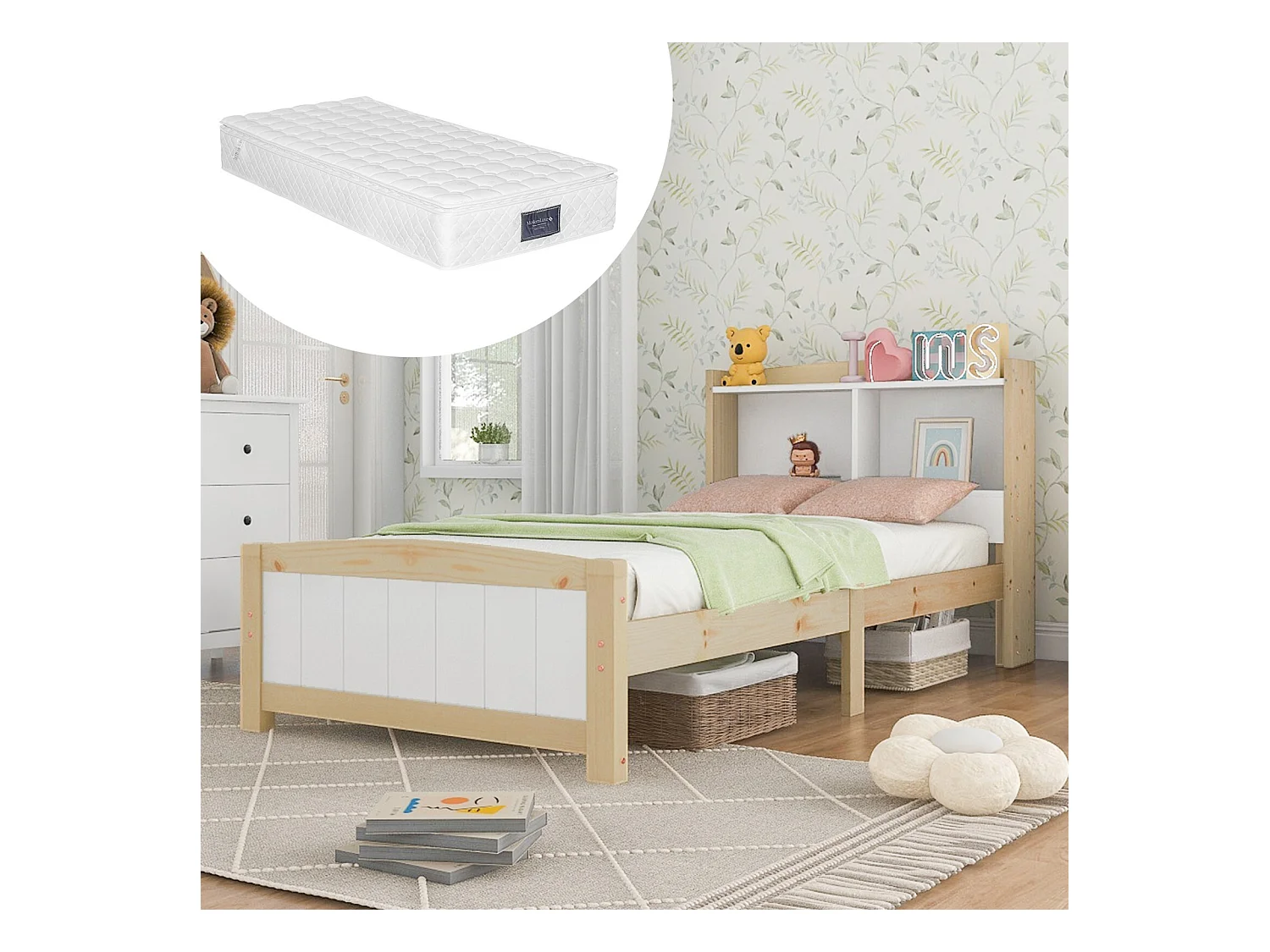 Lit avec tête de lit rangements et matelas - 90x200cm - en bois massif - lit 1 place - Blanc et Naturel