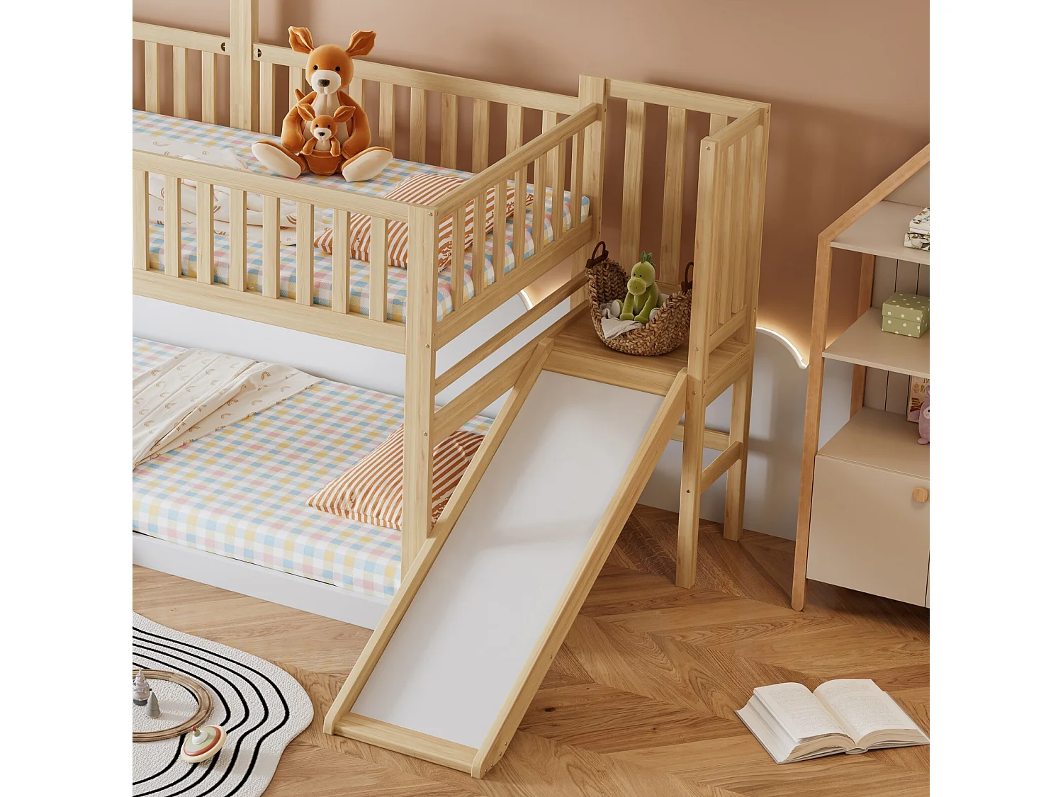 Cabina letti a castello 90 x 200 cm, con scala e scivolo, pino certificato FSC, bianco e naturale