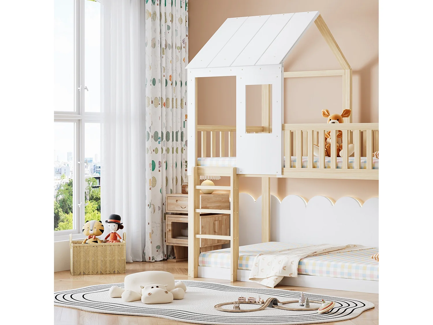 Cabina letti a castello 90 x 200 cm, con scala e scivolo, pino certificato FSC, bianco e naturale