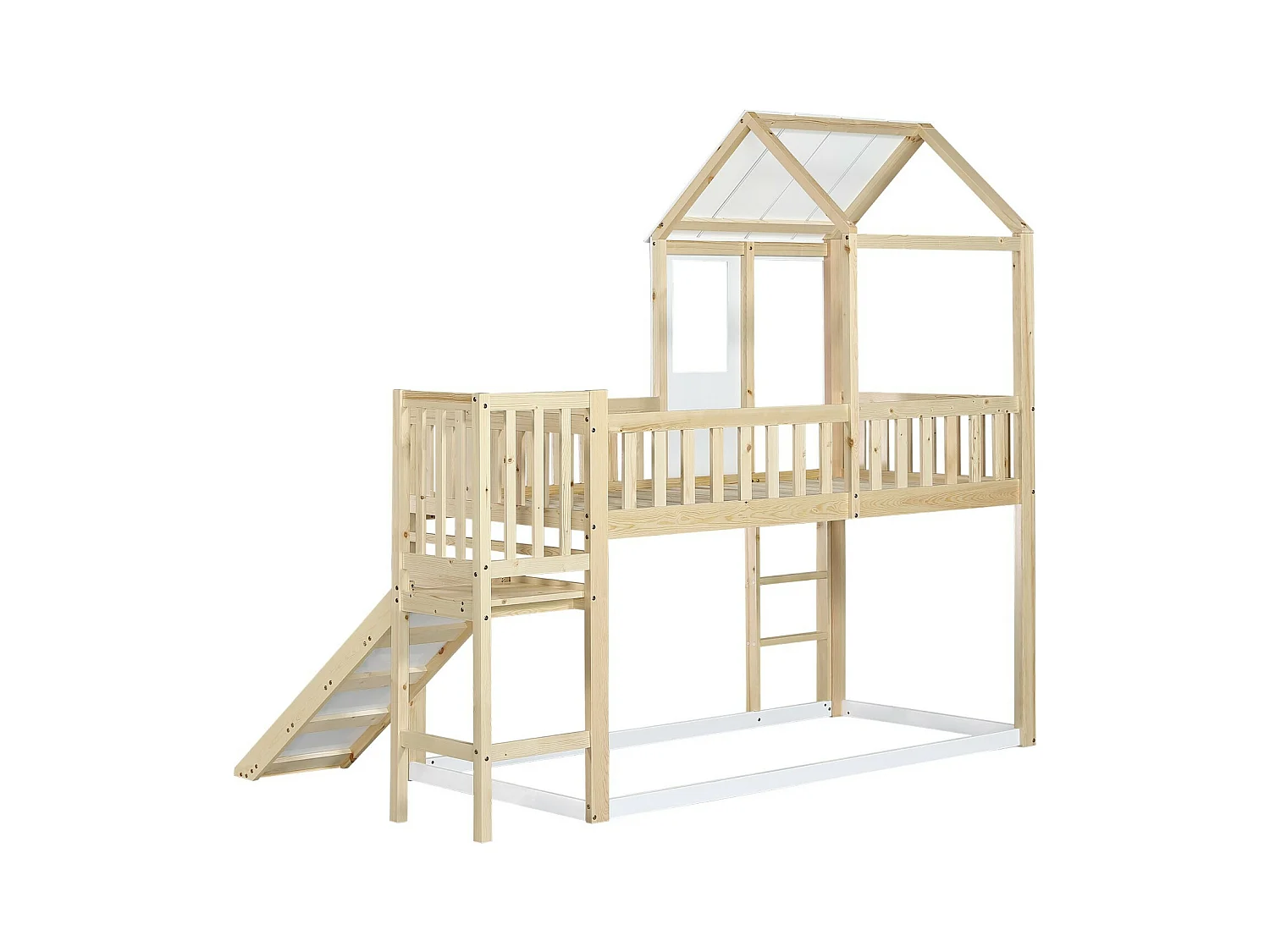 Cabina letti a castello 90 x 200 cm, con scala e scivolo, pino certificato FSC, bianco e naturale