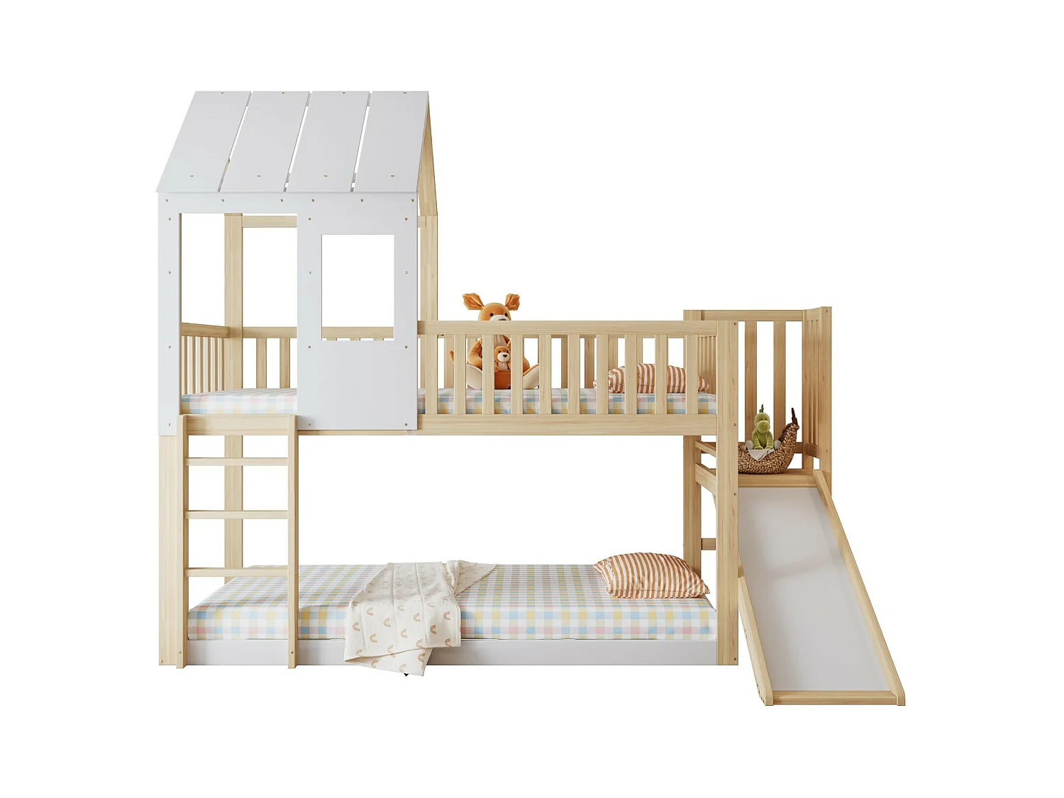 Cabina letti a castello 90 x 200 cm, con scala e scivolo, pino certificato FSC, bianco e naturale