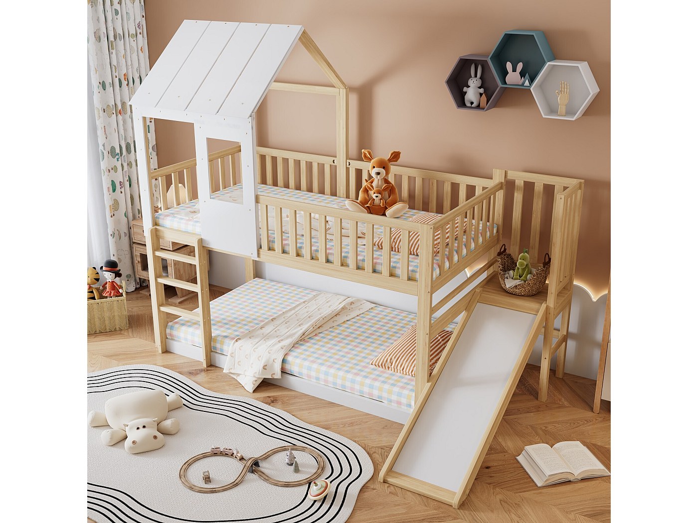 TIZZ Letto A Castello 3 Posti 90x200 Cm Con LED Smart, Scale Portaoggetti, USB E Presa, Scrivania Integrata – Bianco, Struttura In MDF E Acciaio