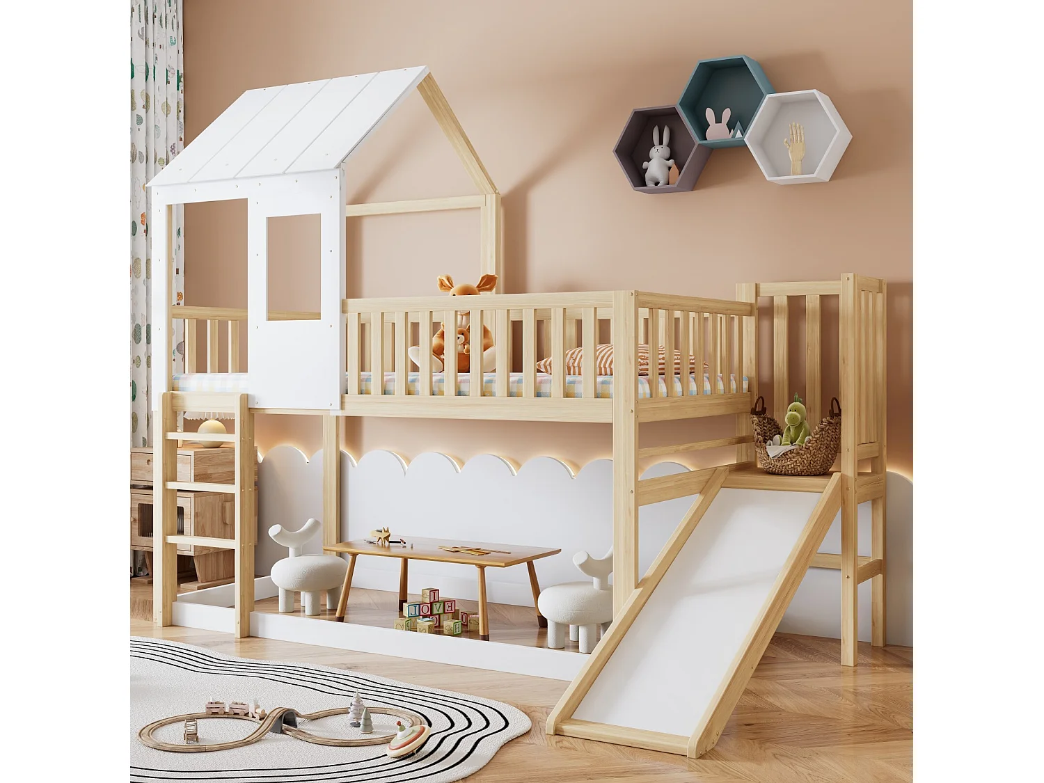 Lits superposés cabane 90 x 200 cm, avec escalier et toboggan, Pin certifié FSC, Blanc et naturel