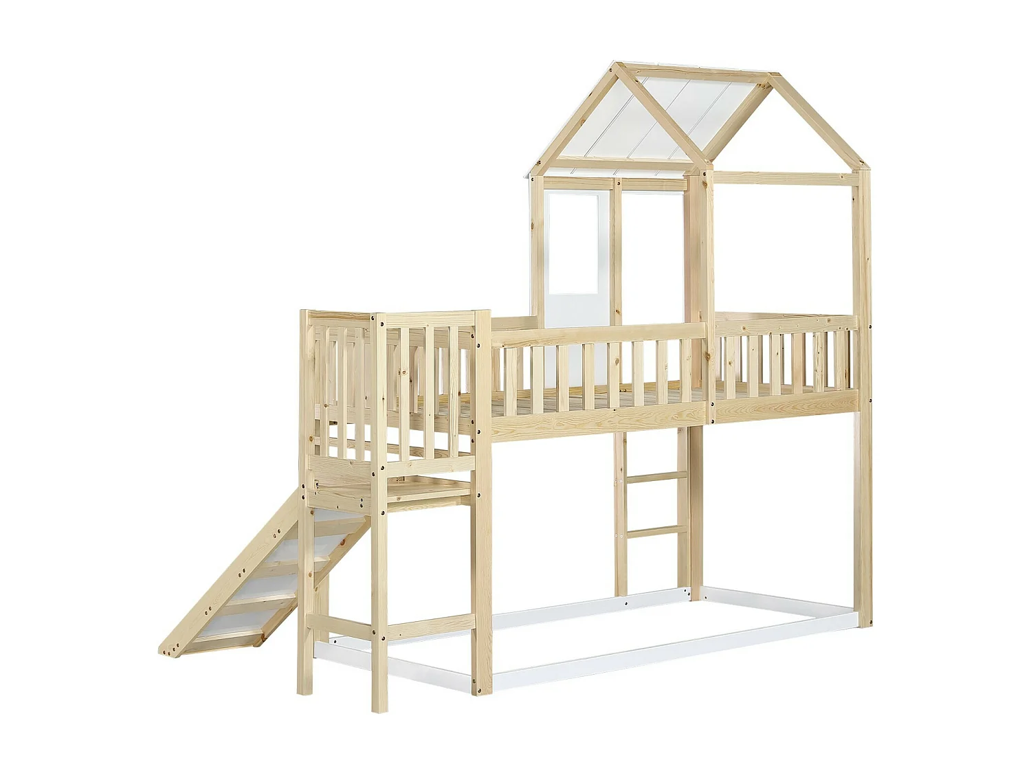 Lits superposés cabane 90 x 200 cm, avec escalier et toboggan, Pin certifié FSC, Blanc et naturel