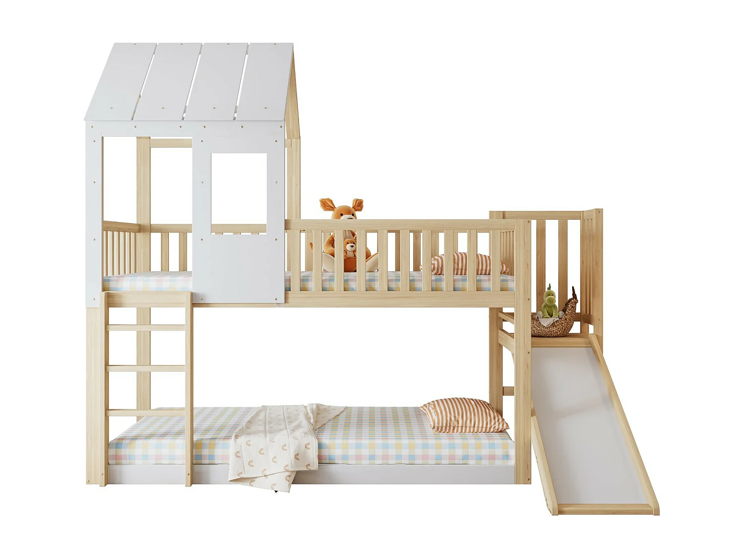 Lits superposés cabane 90 x 200 cm, avec escalier et toboggan, Pin certifié FSC, Blanc et naturel