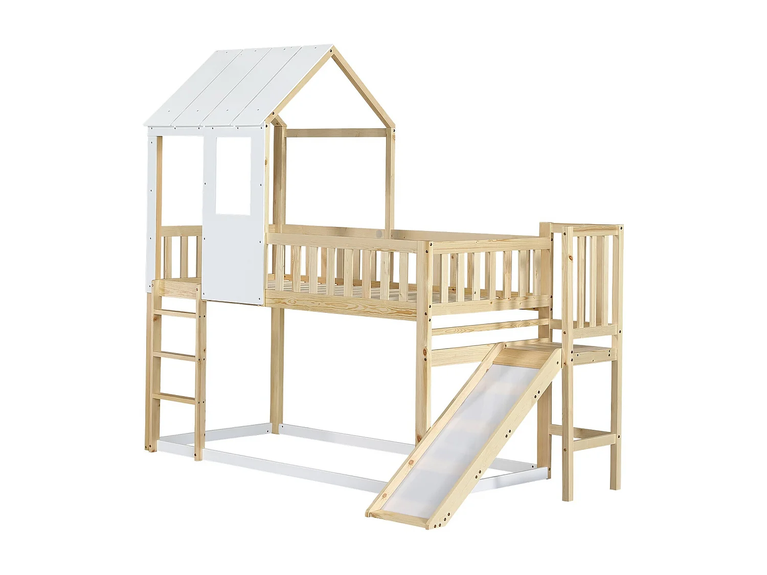 Lits superposés cabane 90 x 200 cm, avec escalier et toboggan, Pin certifié FSC, Blanc et naturel