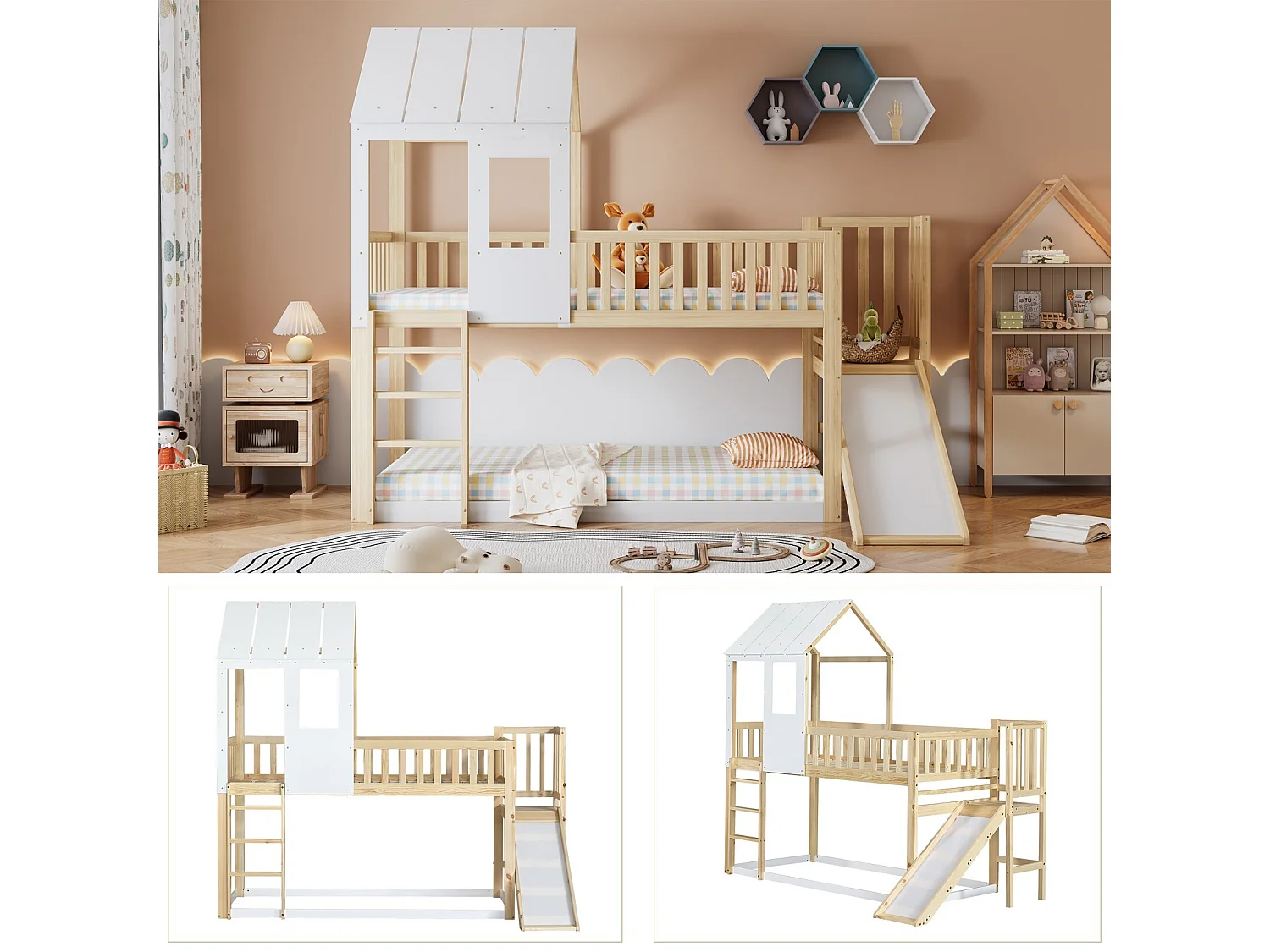 Lits superposés cabane 90 x 200 cm, avec escalier et toboggan, Pin certifié FSC, Blanc et naturel