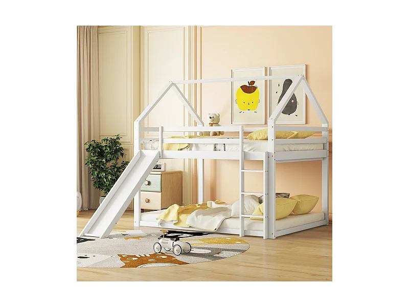 Etagenbetten Kabine 2 x 140 x 200 cm - Treppen und Rutschen - Pin und MDF - Weiß