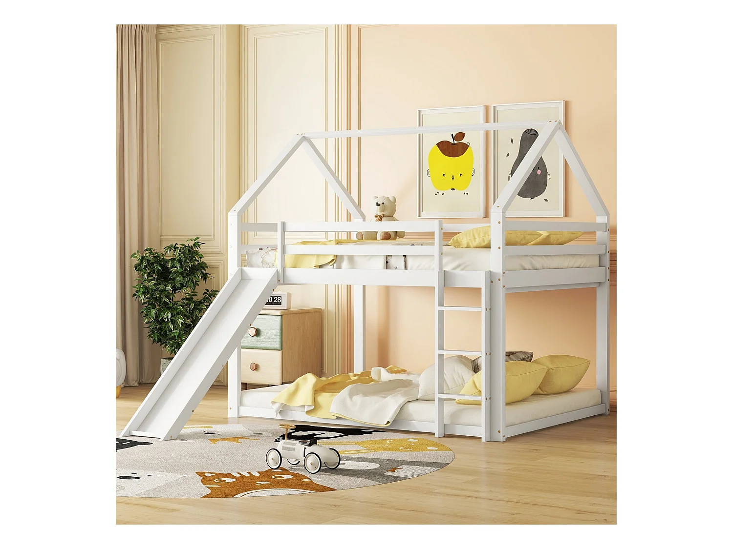 Etagenbetten Kabine 2 x 140 x 200 cm - Treppen und Rutschen - Pin und MDF - Weiß