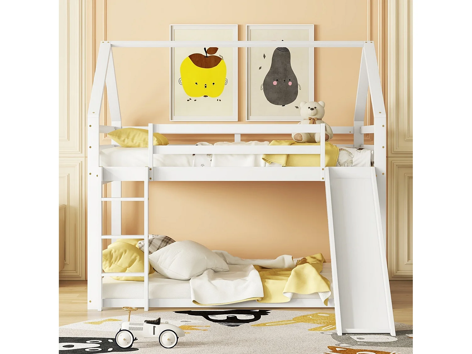 Lits superposés cabane 2 x 140 x 200 cm - escaliers et toboggan - Pin et MDF - Blanc