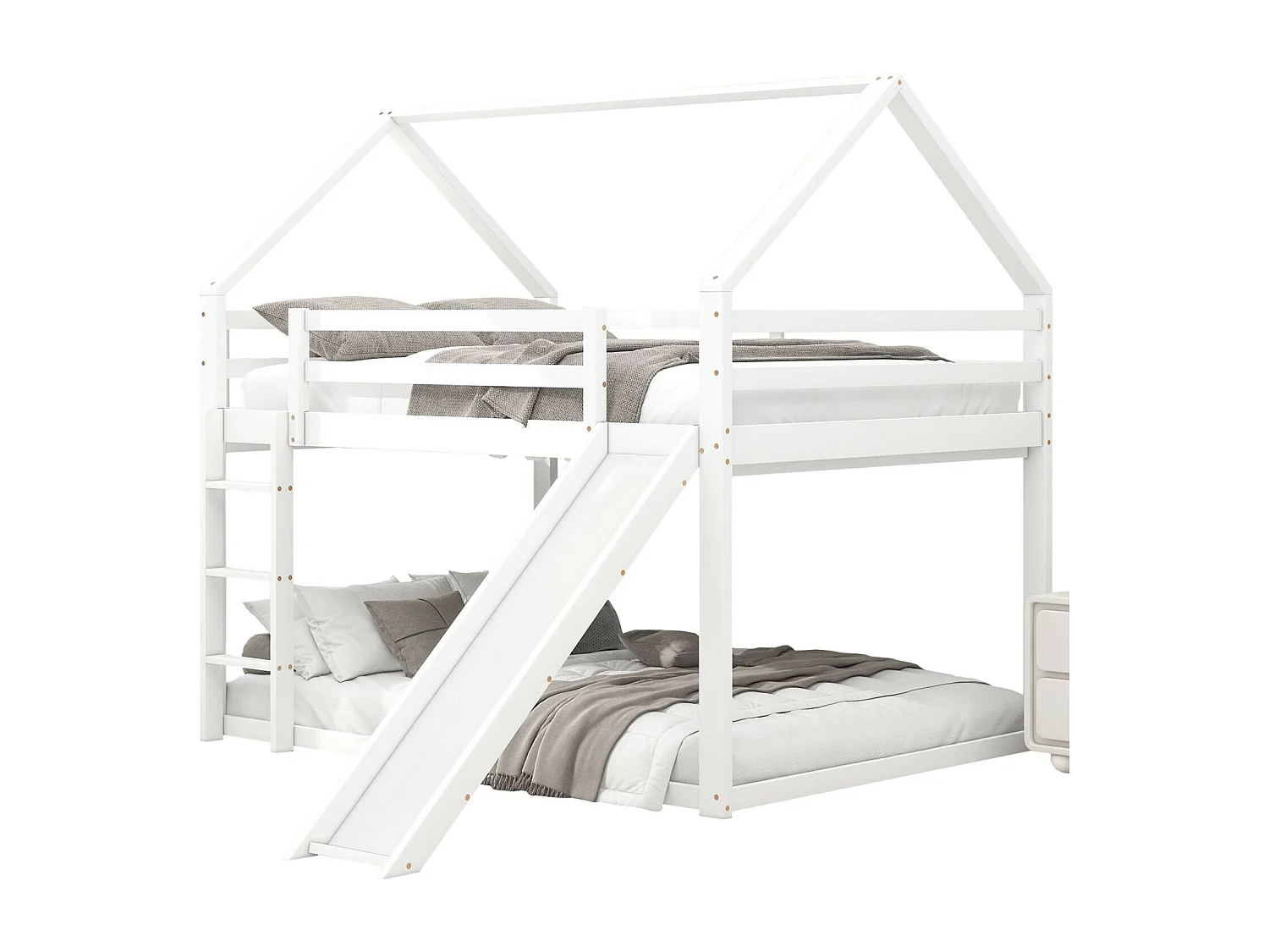 Lits superposés cabane 2 x 140 x 200 cm - escaliers et toboggan - Pin et MDF - Blanc
