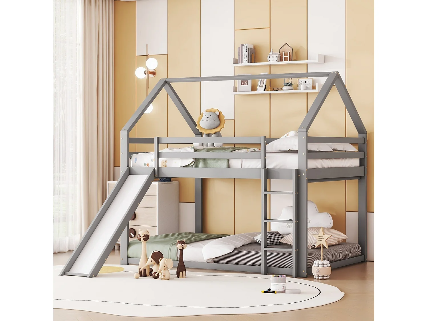 Cabin stapelbed met dia - 140x200cm - Solid Pine + MDF - Kinderbed - Wit