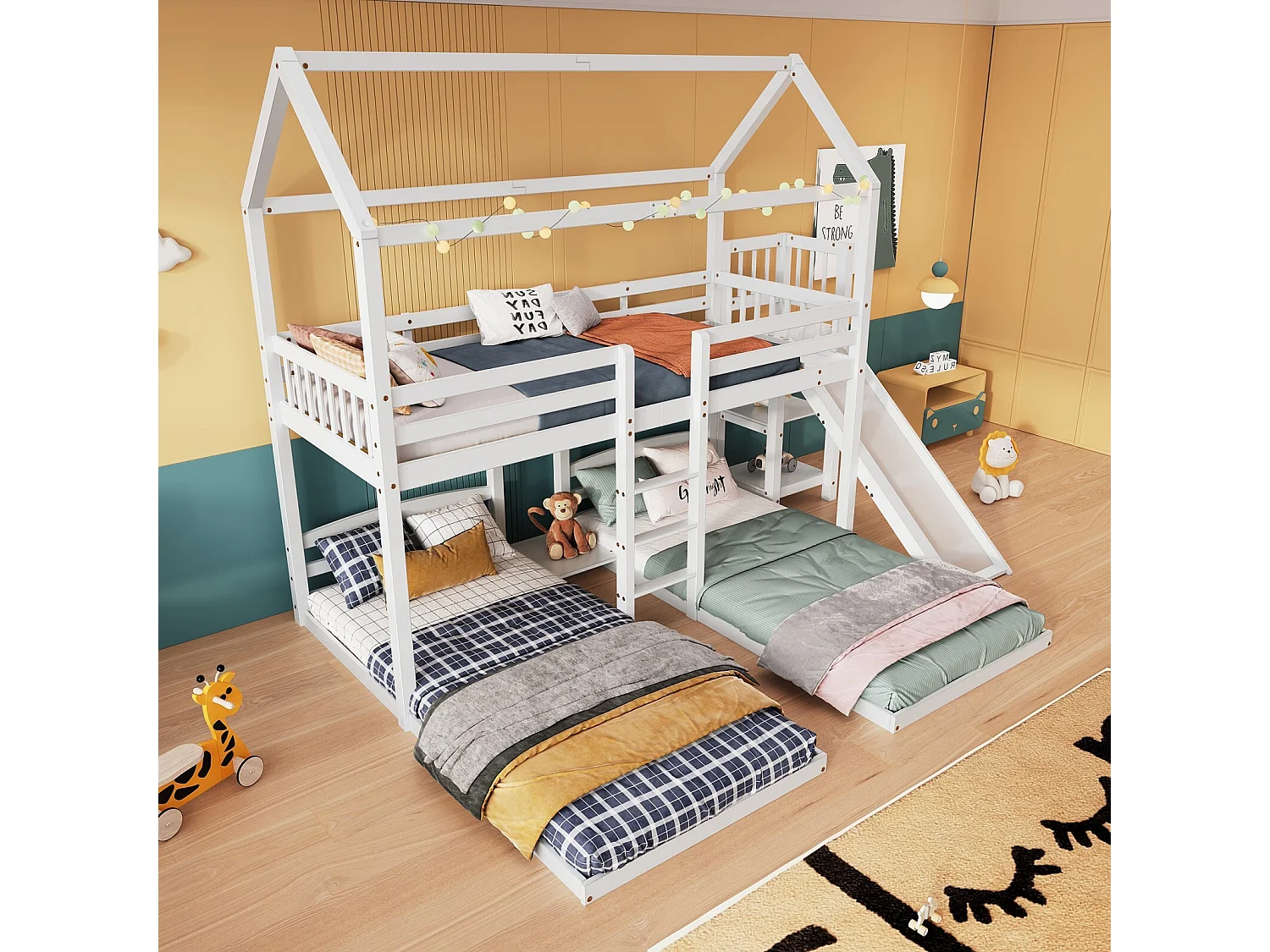 Lits superposés cabane 90 x 200 cm, avec escaliers et toboggan, Pin + MDF, 3 zones de couchage, Blanc