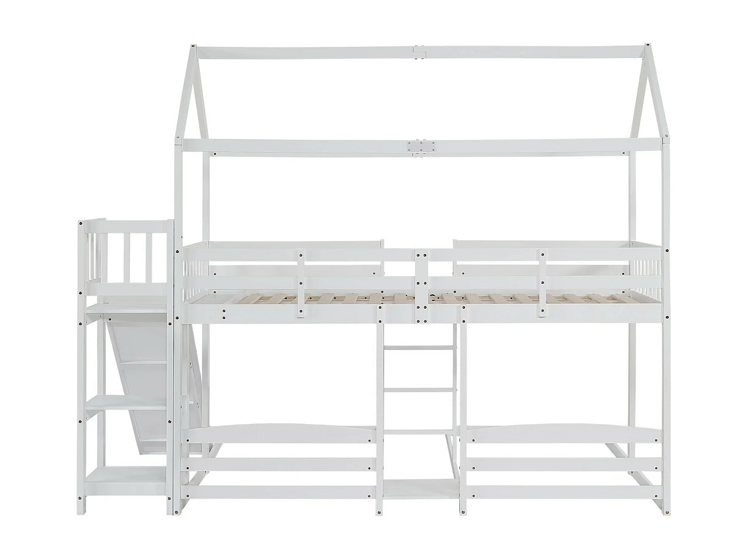 Lits superposés cabane 90 x 200 cm, avec escaliers et toboggan, Pin + MDF, 3 zones de couchage, Blanc