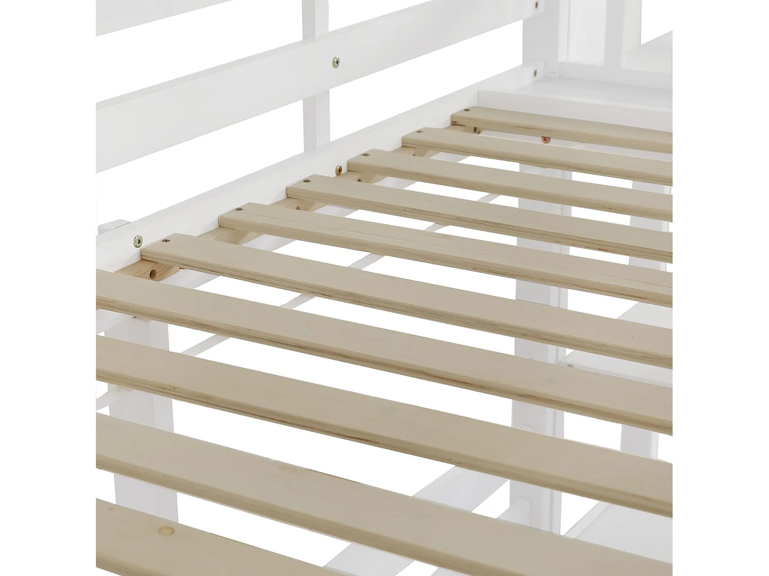 Lits superposés cabane 90 x 200 cm, avec escaliers et toboggan, Pin + MDF, 3 zones de couchage, Blanc