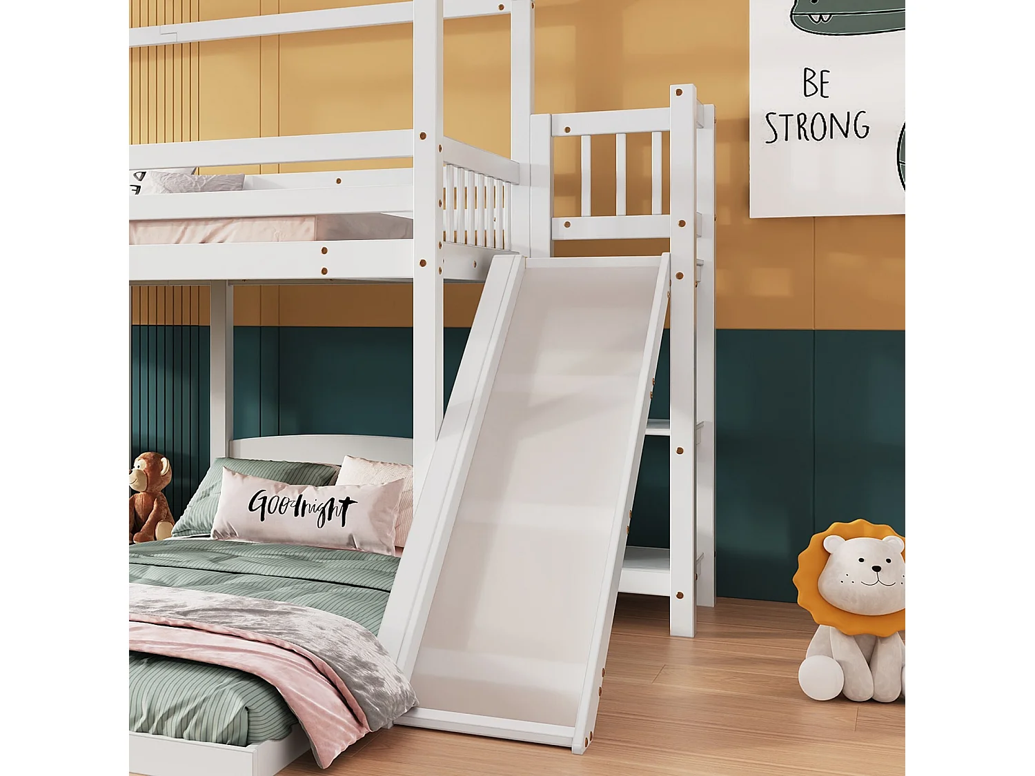 Lits superposés cabane 90 x 200 cm, avec escaliers et toboggan, Pin + MDF, 3 zones de couchage, Blanc