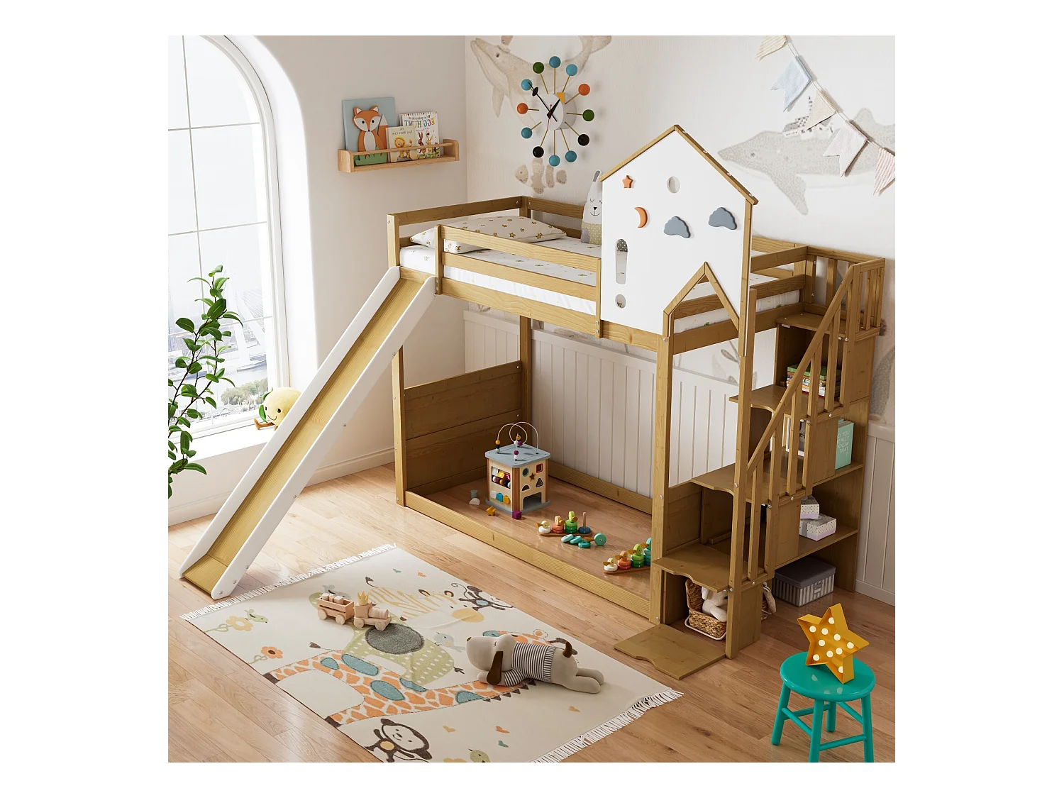 Lit superposé cabane 90x200cm - Avec toboggan et escalier de rangements - Pin - Blanc et naturel