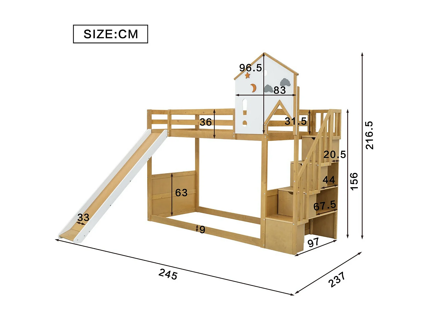 Lit superposé cabane 90x200cm - Avec toboggan et escalier de rangements - Pin - Blanc et naturel