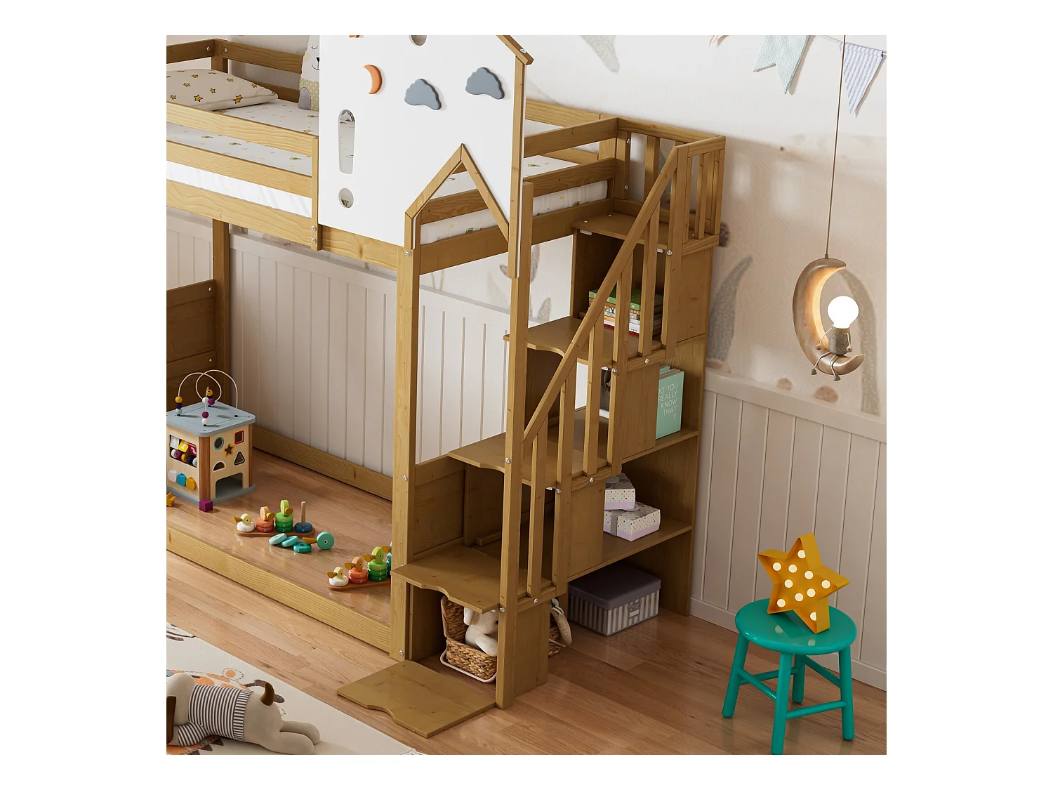 Lit superposé cabane 90x200cm - Avec toboggan et escalier de rangements - Pin - Blanc et naturel