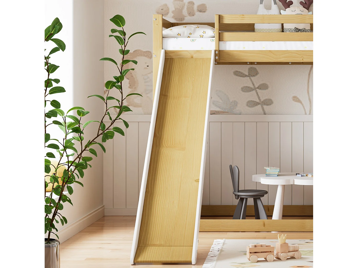 Lit superposé cabane 90x200cm - Avec toboggan et escalier de rangements - Pin - Blanc et naturel